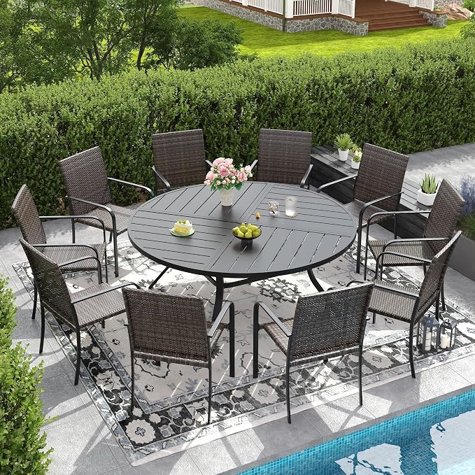 DIFY 11 Piece Outdoor Dining Set for 10, 59.8" Black Round Metal Dining Table with Umbrella Hole and Stackable Wicker Patio Chairs, All-Weather Patio Table and Chairs Set for Deck Garden Backyard