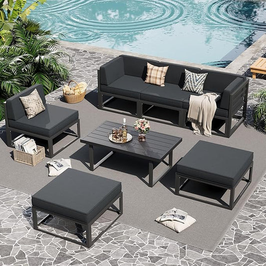 UDPATIO Aluminum Patio Furniture Set, Modular Oversized Outdoor Sectional of Olefin 5 inch Thick Cushion, Coffee Table and Waterproof Cover, Patio Conversation Sets for Porch, Deck