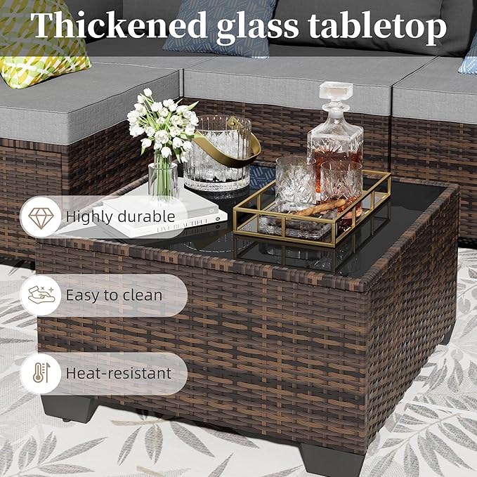 7 Pieces Patio Furniture Set - Outdoor Sectional Wicker Rattan Furniture with Cushion and Glass Table Patio Conversation Sets for Porch Poolside Backyard Outdoor Sofa Set Modular Sofa