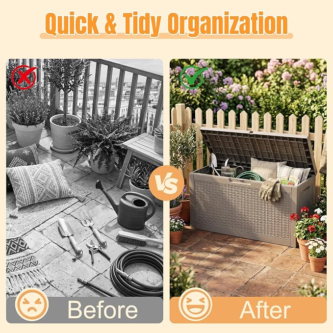 Outdoor Storage Box,95 Gallon Resin Deck Box,Waterproof & UV Resistant Lockable Package Delivery Bin,Toy Cabinet for Indoor & Outdoor