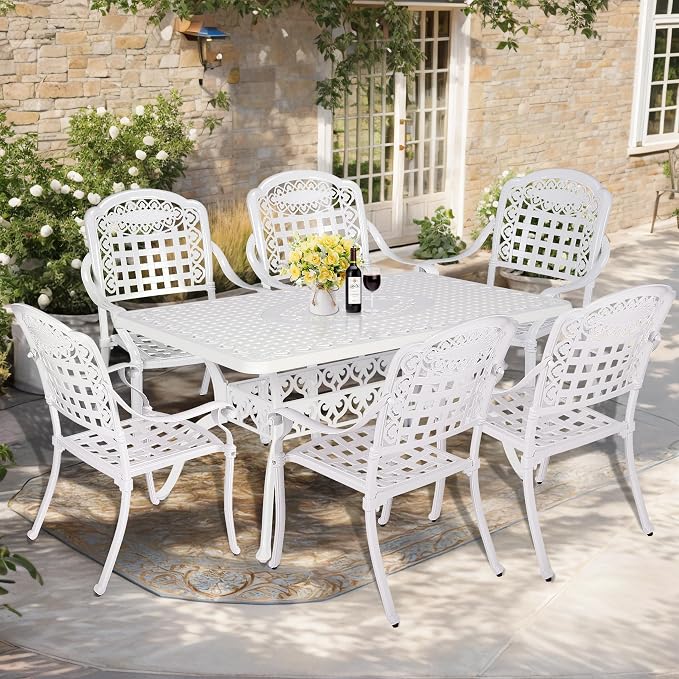 7-Piece Outdoor Patio Dining Set, 60” Rectangular Cast Aluminum Dining Table with Umbrella Hole and 6 Outdoor Dining Chairs, Patio Funiture Set for Backyard, Patio, Garden, White