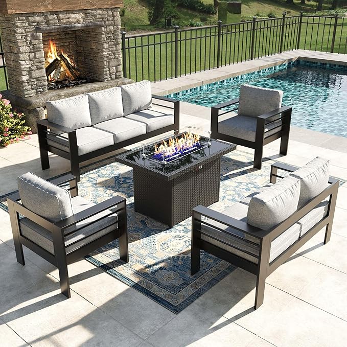 5 Pieces Modern Aluminum Patio Furniture Set with Fire Pit Table, Outdoor Conversation Sets Metal Sectional Sofa
