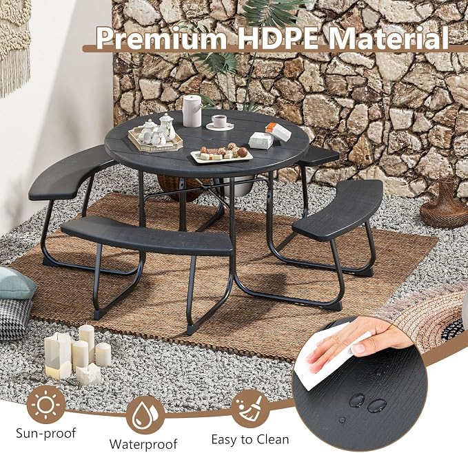 Round Picnic Table for 8 Person, Outside Table Bench Set w/ 4 Built-in Benches, Umbrella Hole, HDPE Top & Metal Frame, 2000LBS Capacity Outdoor Picnic Table for Garden, Porch, Patio (Black)