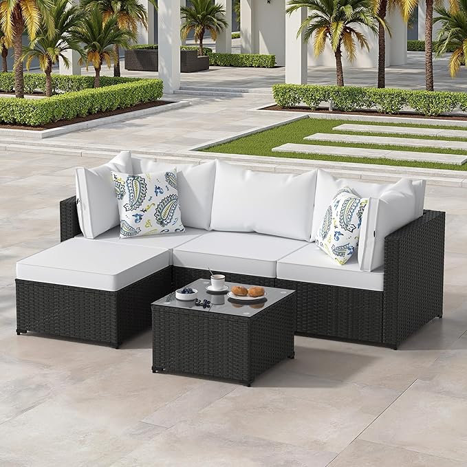 Patio Furniture Set, 5PCS Patio Sectional with Ottoman Wicker Rattan Outdoor Furniture with Thickened Cushion Modular Wicker Patio Conversation Set with Glass Top Table for Balcony, Backyard (White)