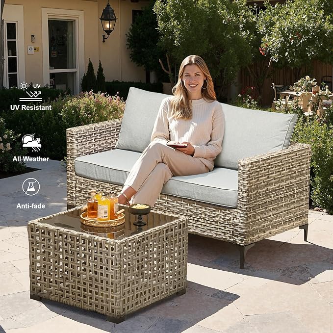 Outdoor Patio Furniture Sets,9 PCS Patio Conversation Set Outside Rattan Sectional Sofa with 42 in Fire Pit Table Wicker Rocking Chair Coffee Table Fit Backyard Porch Garden Poolside Balcony