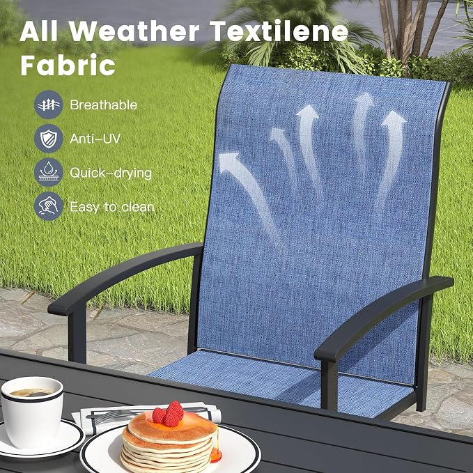 VICLLAX 5 Pieces Patio Outdoor Dining Set, 4 Swivel Textilene Chairs and 38" Square Metal Table with Umbrella Hole for Porch, Deck, Garden, Black/Dark Blue