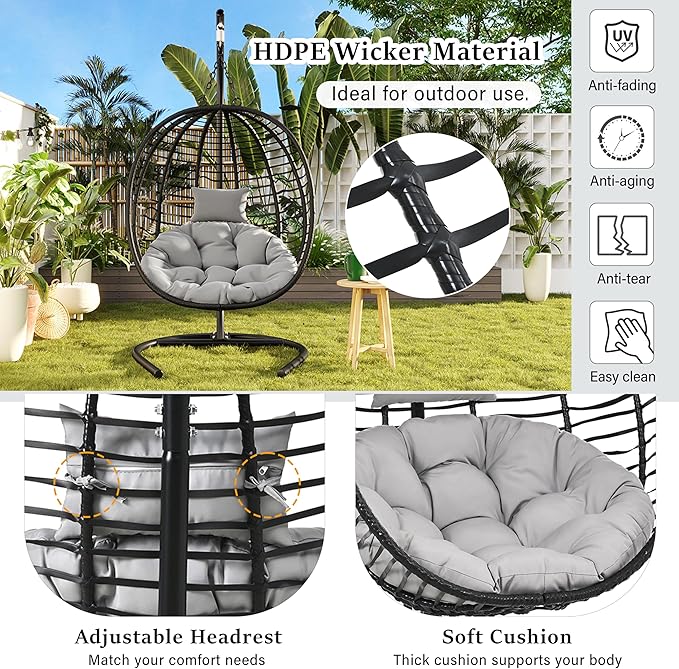 Folding Egg Chair, Outdoor Hanging Hammock Chair with Stand, Patio Wicker Hanging Chair with Iron Frame and Plush Cushion & Removable Headrest for Bedroom, Balcony, Garden (C-BlackGrey)