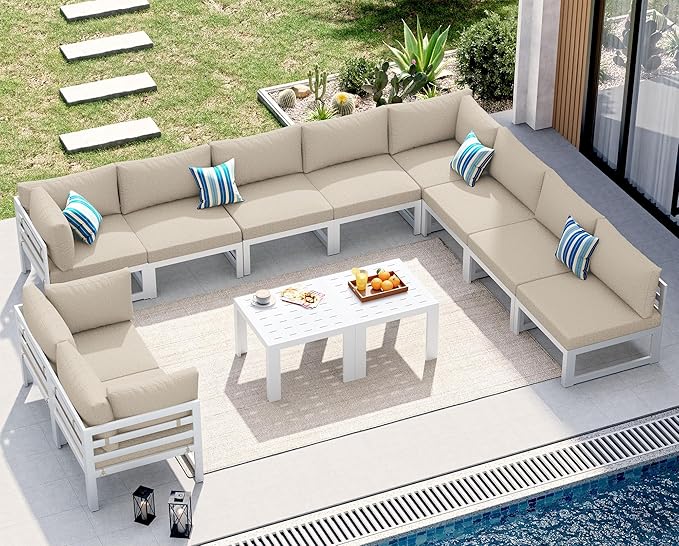 NICESOUL 12 Piece Luxury Aluminum Outdoor Sectional Sofa with End Table, L Shaped Oversized Modular Patio Furniture Set, 29" Deep Wide Seating, 500 lbs Heavy Duty Conversation Set for Backyard, Beige
