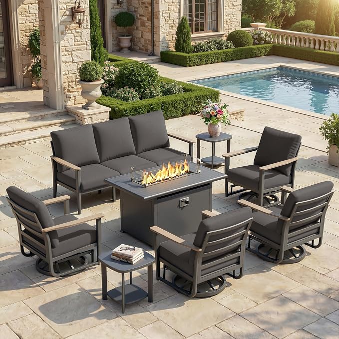 Aluminum Outdoor Patio Furniture Set, 8-Piece Sectional Sofa with 5.1" Thick Cushions, 4 Swivel Rocking Chairs, 55,000 BTU Propane Fire Pit Table, Outdoor Couch for Backyard, Deck, Black