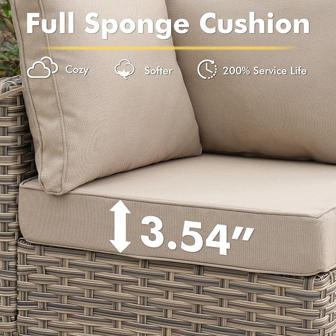 CAODOC 9-Piece Outdoor Sectional Sofa Set w/ 42" Fire Pit – L-Shaped Wicker Patio Furniture, Deep Seating & Swivel Rockers,Beige