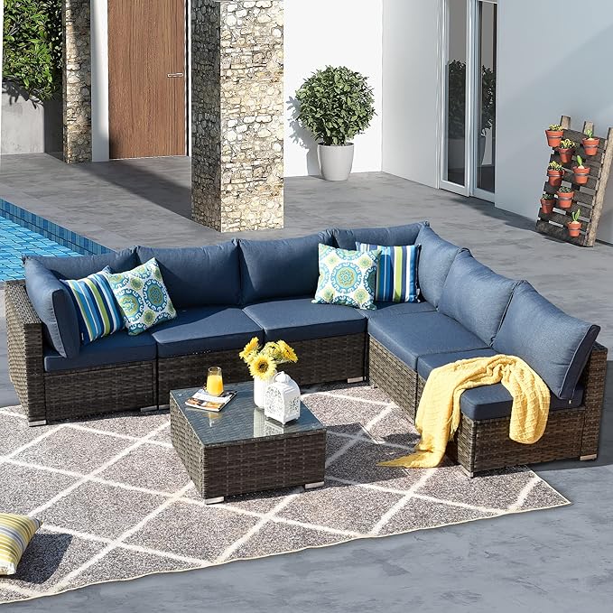 HOOOWOOO Patio Outdoor Sectional Furniture Sofa Set,7 Piece U Shaped Corner Wicker Rattan Couch Set,Rustic 6 Persons Summer Patio Conversation Set for Outside Porch Deck Garden(Denim Blue)