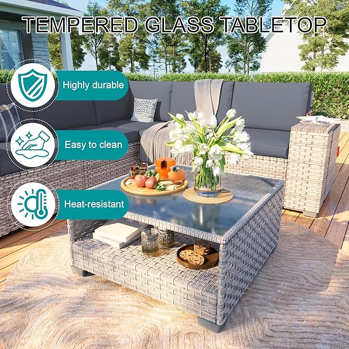 7-Piece Patio Furniture Set, Outdoor Patio Conversation Set with 60,000 BTU Fire Pit Table, PE Rattan Wicker Sectional Sofa with Large Capacity Seats, Widened Armrests, Extra High Backrest, Grey