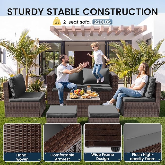 Amopatio Patio Furniture Set,All-Weather Wicker Outdoor Conversation Set with Glass Coffee Table, Cushions & Ottomans for Deck Backyard Porch Lawn Brown/Grey