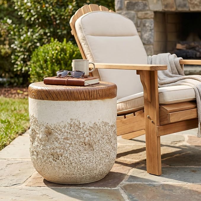 Verna Outdoor Patio Round MGO Side Table, Dual-Texture Accent End Table with Faux Wood Grain Top, Beige Organic Modern Stand for Balcony Garden Poolside Living Room Bedroom