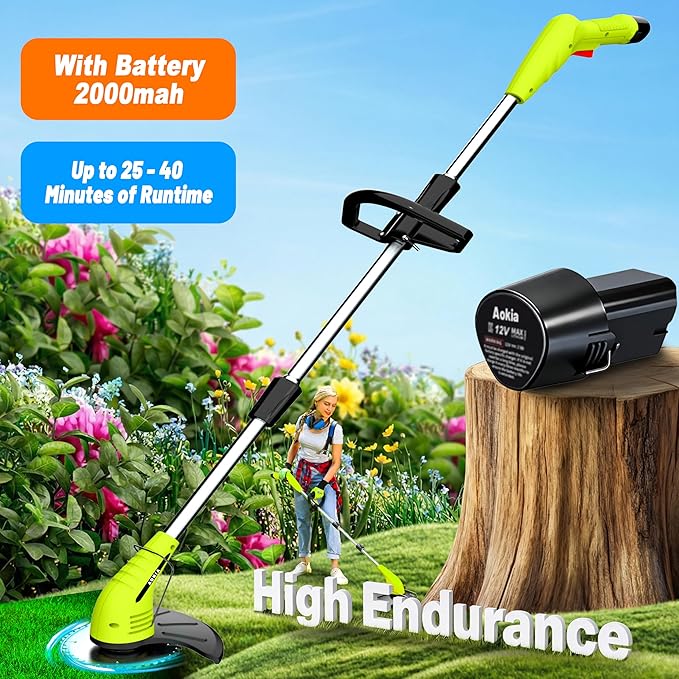 Aokia Electric Weed Wacker Cordless, 12V Battery Powered Weed Eater Cordless with Adjustable Pole (65inch), Lightweight Grass Trimmer Cutter/Edger/Mower with 2 Types Blade for Garden and Yard Lawn