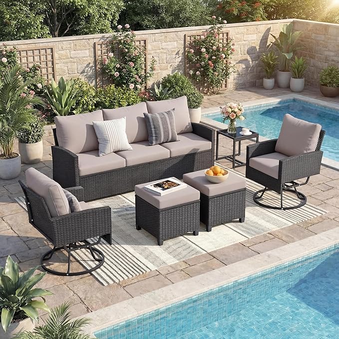 6 Piece Outdoor Furniture Set, Rattan Patio Furniture with 2 Swivel Chairs, 3-Seat Sofa, 2 Ottoman & Side Table, All-Weather Conversation Set for Porch Garden Lawn Balcony (Black & Gray)