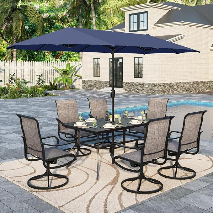 Sophia & William Patio Set with Umbrella 8 Pieces Outdoor Dining Set for 6 with 13ft Navy Blue Outdoor Umbrella, 6 x Swivel Patio Chairs with 59" Dining Table for Lawn Garden (No Umbrella Base)