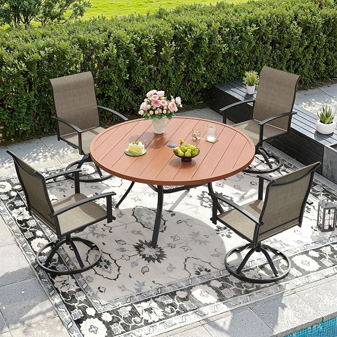 DIFY 5 Pieces Outdoor Dining Set for 4, 47.2" Walnut Round Metal Table with Umbrella Hole and Brown Textilene Swivel Patio Chairs, Patio Table and Chairs Set for Garden, Backyard, Poolside