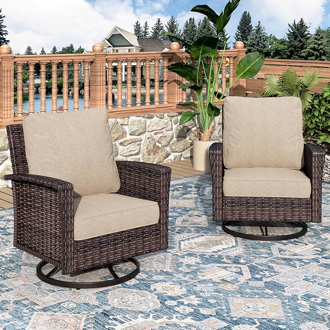 Swivel Patio Wicker Chairs Set of 2, High Back Outdoor Swivel Patio Rattan Chairs with 5.5" Thick Cushions for Bistro Balcony Porch Deck and Yard, Beige