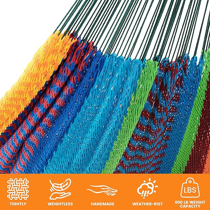 Lazy Daze Hammocks Handwoven Mayan Hammock with Heavy Duty Steel Stand, 10.5 FT Soft Rope Double Hammock for Patio Outside, 550 lbs Weight Capacity, Multi Color