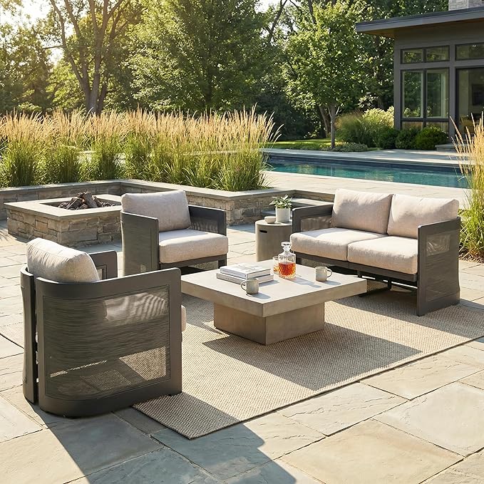 Christopher Knight Home Norhill Patio Sofa Set, 3 Pieces Outdoor Seating Set, Aluminum Patio Furniture Set with Two Club Chairs and Loveseat, Conversation Set for Patio Garden Poolside, Beige + Black