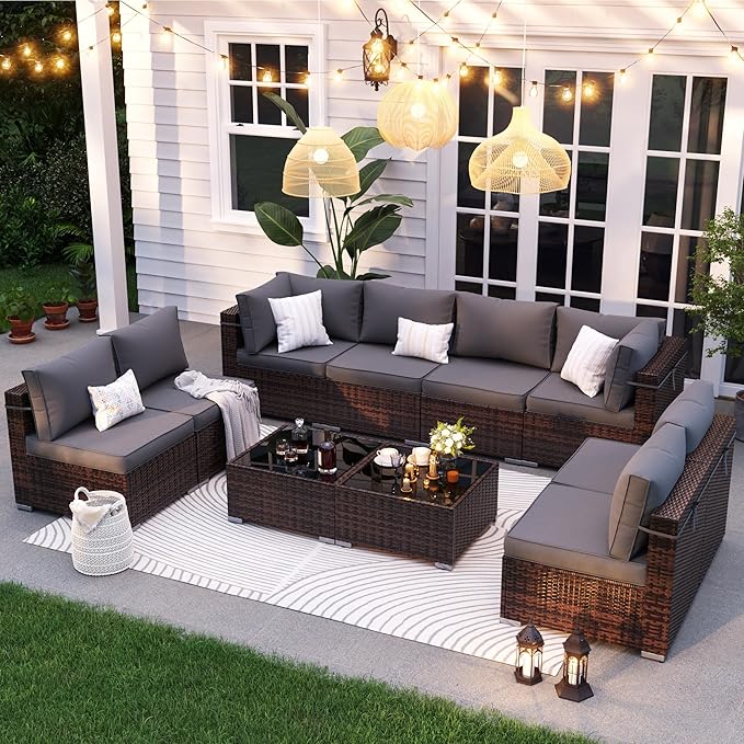 Patio Furniture Set, 10-Piece Outdoor Sectional with Waterproof Cover, All-Weather Wicker Patio Conversation Sets for Backyard (Brown with Grey Cushion)