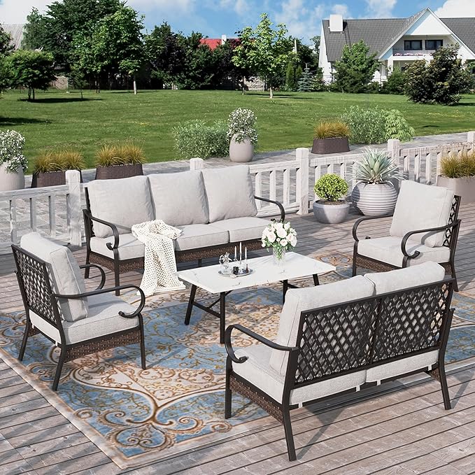 HERA'S HOUSE 5 Piece Metal Patio Furniture Set, 7 Seats All Weather Outdoor Conversation Set, 3 Seat Sofa with Loveseat, 2 Fixed Chairs, Coffee Table for Backyard, Garden, Deck, Light Grey