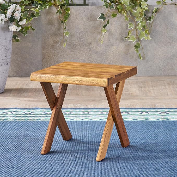 IRONORA Natural Acacia Wood Outdoor Side Table, Square Slatted Top Patio End Table with X-Shaped Legs, Weathered Teak Finish for Backyard Garden Balcony