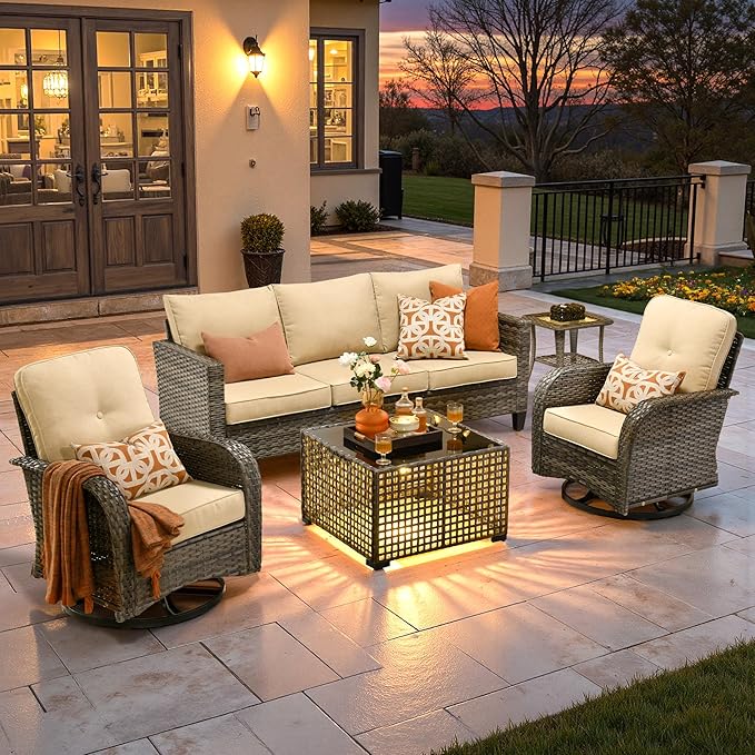 ovios 5 Pieces Patio Furniture Set, Outdoor Wicker Sofa Couch with Rocking Swivel Chairs Solar Lights Table, Modern Deep Seat Rattan Conversation Sets for Deck Porch, Beige