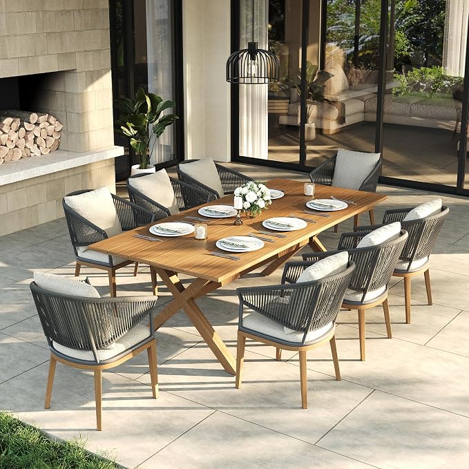 LayinSun 9 Piece Outdoor Dining Table Set, Aluminum Modern Rectangular Dining Table and All-Weather Wicker Chairs Set for Patio Deck Indoor Decor Kitchen