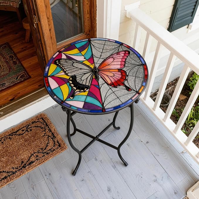 Outdoor Side Table, Indoor Outdoor Small Round Table, Weather Resistant Black Metal Side Table for Livingroom Patio Balcony Yard Porch Garden, 14” Diameter and 17” H Patio Accent Table Plant Stand