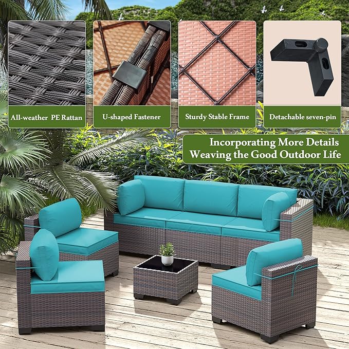 14 Pieces Outdoor Patio Furniture Set,Outdoor Sectional Furniture All Weather PE Rattan Wicker Patio Conversation Set with 2 Coffee Tables and 12 Thickened Cushions,Turquoise Blue