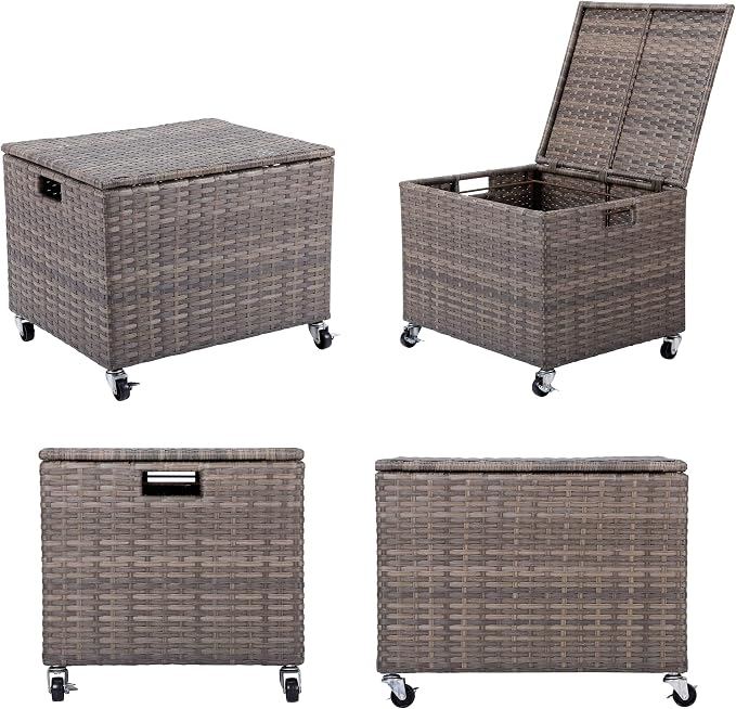 BIRDROCK HOME Rolling File Box - Storage Cabinet with Wheels - Weatherproof Rattan-Style Resin Deck Chest for Garden, Home and Office - Organize Cushions, Toys, and Accessories - Storage Box - Tan