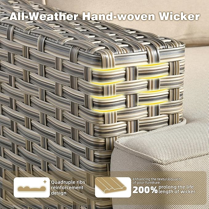 15-Piece Outdoor Sectional Sofa Set w/ 54" Fire Pit – L-Shaped Wicker Patio Furniture, Deep Seating & Swivel Rockers, Beige