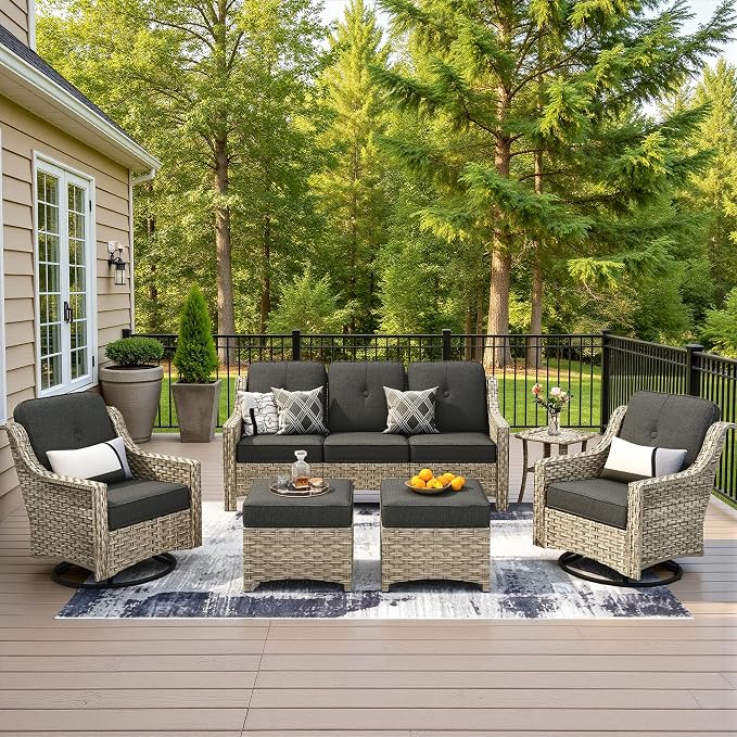 6 Piece Patio Furniture Set with Swivel Rocker Chairs, Outdoor Wicker High Back Sofa Glider Chair Ottoman with Cushion, All Weather Conversation Sets for Backyard Poolside Deck, Black