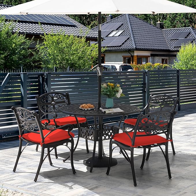 NUU GARDEN 5 Piece Outdoor Patio Dining Set, 42" Cast Aluminum, Round Patio Dining Table with 2.24" Umbrella Hole and Patio Dining Chairs with Cushions for Garden, Balcony, Bronze and Red