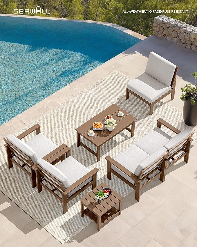 SERWALL HDPE Patio Furniture Set, 7-piece Outdoor Sectional Sofa Set, All Weather Outdoor Couch Set for Deck, Lawn, Brown Frame with Khaki Cushion