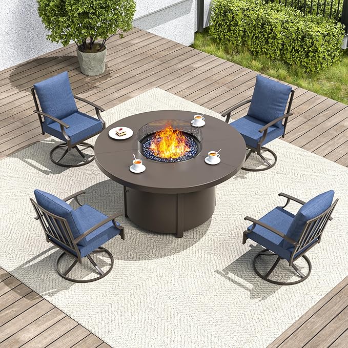 5 Pieces Outdoor Patio Furniture Set with 48" Round Propane Fire Pit Table,Patio Dining Set Outdoor Conversation Sets 4 Swivel Chairs for Deck,Backyard and Garden,Dark Blue