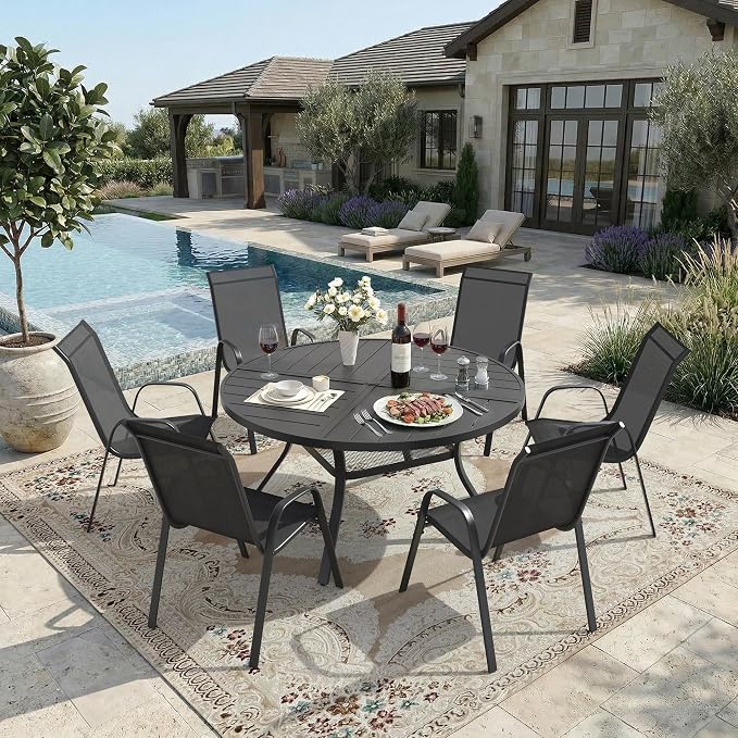 DIFY 7 Piece Outdoor Dining Set, 48" Black Round Metal Dining Table and Dark Grey Textilene Stackable Patio Chairs, Patio Table and Chairs Set for 6 with Umbrella Hole for Backyard Garden Deck