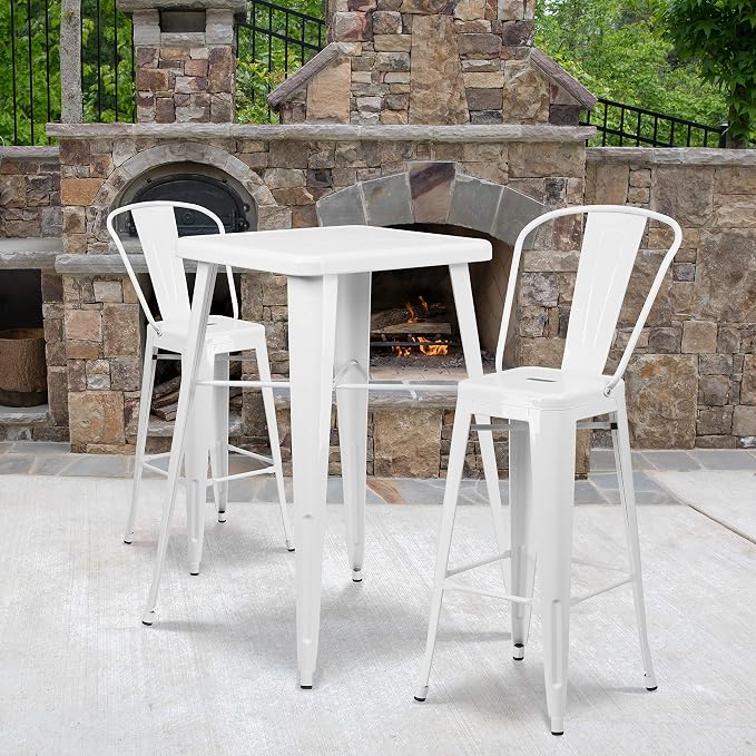 EMMA + OLIVER Commercial Grade 23.75SQ White Metal Indoor-Outdoor Bar Table Set-2 Stools-Backs