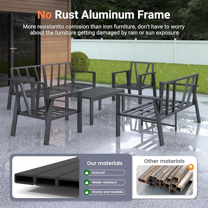 UDPATIO Aluminum Outdoor Patio Furniture Set 5 Pieces Metal Patio Conversation Sets Modern Sofa Seating Set with Coffee Table for Deck,Garden Backyard, Beige