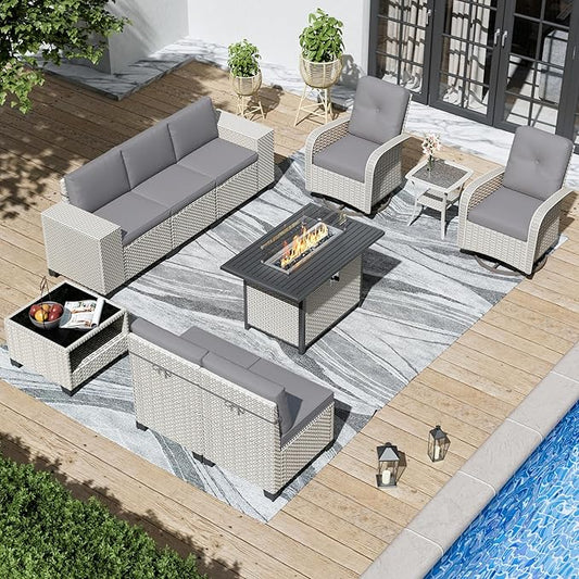 10-Piece Outdoor Patio Furniture Set, Modular Sectional Sofa Set with Swivel Rocker Chairs & Fire Pit, Wicker Outdoor Couch Conversation Sets w/Coffee Table and Cushions, Gray