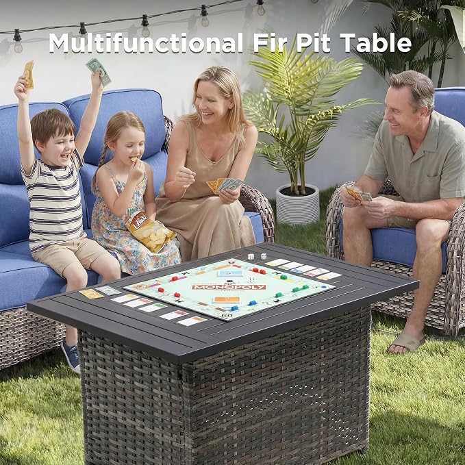 8 Pieces Patio Furniture Set with 42.5" Fire Pit Table-All Weather Wicker Outdoor Furniture with High Back Wicker Patio Chairs Set of 2 Outdoor Couch for Deck Garden Gray/Blue
