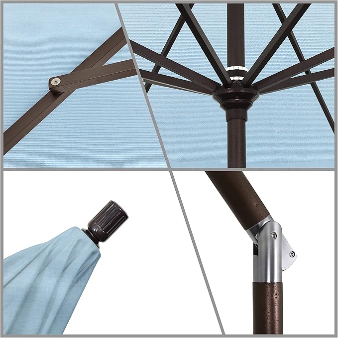California Umbrella 11Ft Premium Sunbrella Patio Umbrella, Hand-Crank, Tilt-Collar, Bronze Frame, Air Blue Fabric