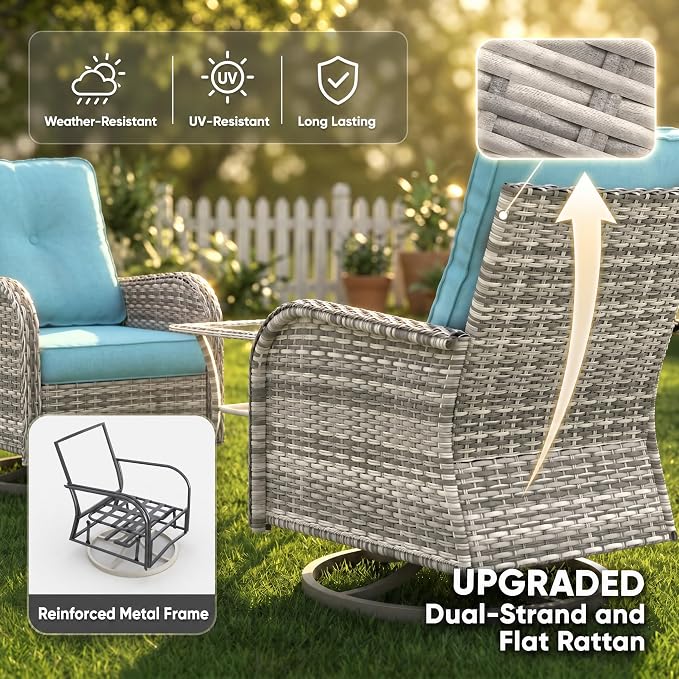 8-Piece Small Patio Furniture Set, Outdoor Swivel Rocking Chairs Set with Ottomans, Patio Bistro Set for Balcony, Deck, Porch, Lake Blue
