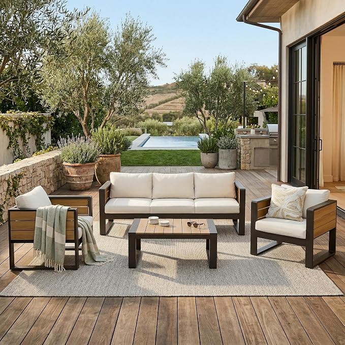 Merax Large 4-Piece Outdoor Patio Furniture Set for 5 Person, 3-Seater Sofa, 2 Armchairs with Fold-Out Side Tables, Aluminum Frame & Plastic-Wood, Modern Garden/Patio Seating, White Cushions