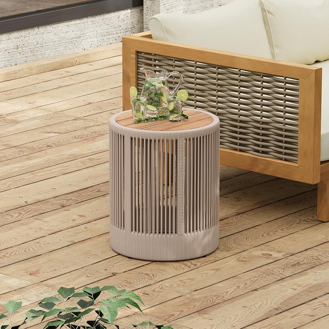 IRONORA Outdoor Rattan Rope & Acacia Wood Side Table - Patio Balcony Furniture for Garden, Yard, Balcony - Weather Resistant