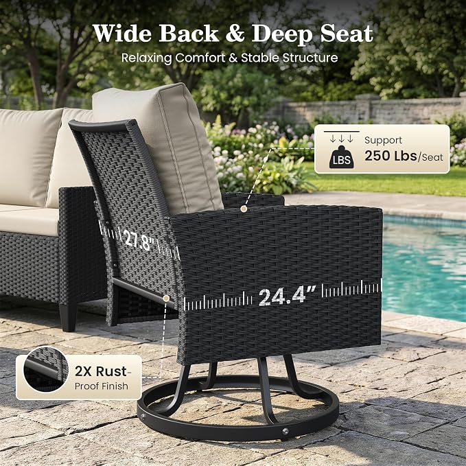 Amopatio Patio Furniture Set with Fire Pit Table,7 Pieces Conversation Sofa with 360° Swivel Chairs, All Weather Wicker Outdoor Furniture for Backyard Garden Pool Deck,Beige