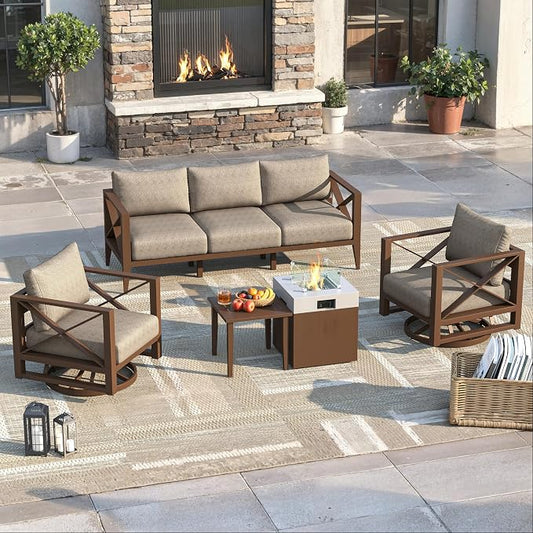 Aluminum Outdoor Patio Furniture Set with Fire Pit, 7-Piece Outdoor Sectional with 5.2" Thick Cushions, Swivel Chairs Patio Conversation Sets for Backyard,(Brown,5 Seats)