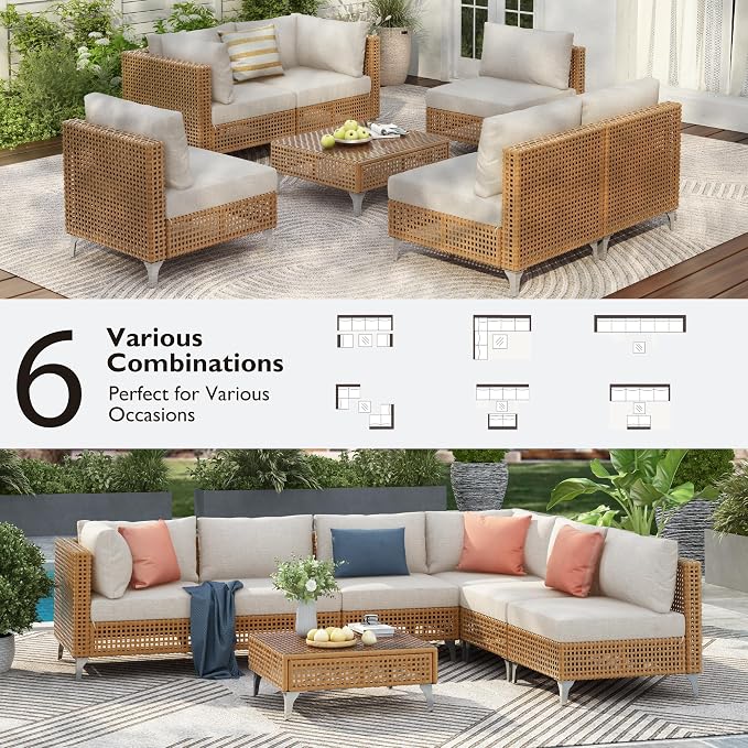7-piece Wicker Patio Furniture Set, Outdoor Conversation Set Sectional Sofa with Water Resistant Beige Thick Cushions and Coffee Table for Outdoor Couch, Porch, Backyard - Beige